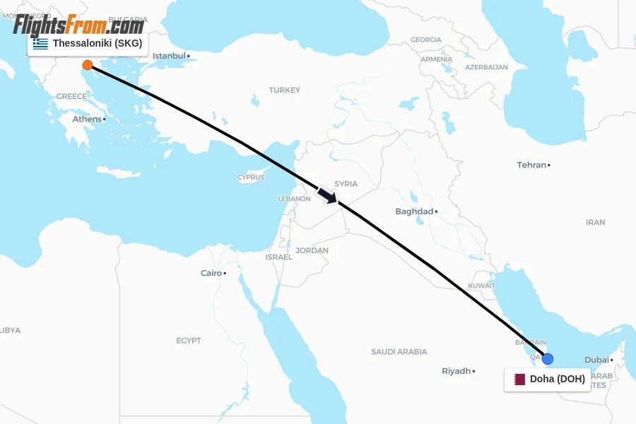 Flights from Thessaloniki to Doha route map
