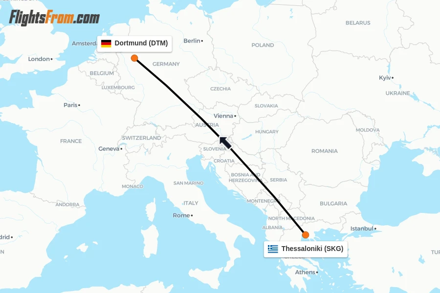 Flights from Thessaloniki to Dortmund route map