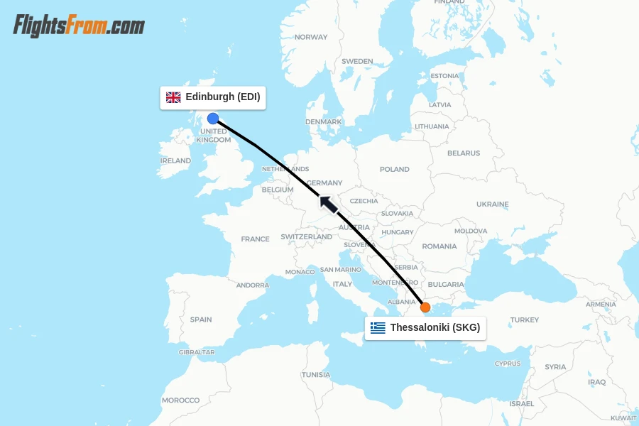 Flights from Thessaloniki to Edinburgh route map