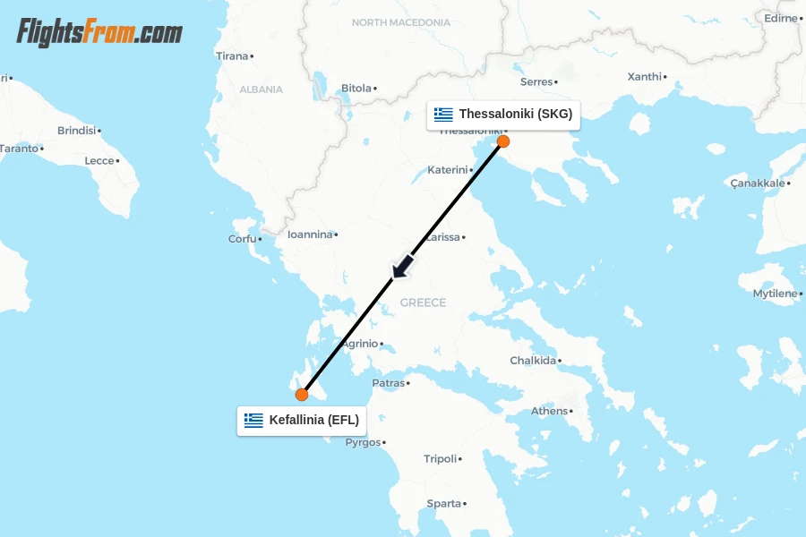 Flights from Thessaloniki to Kefallinia route map