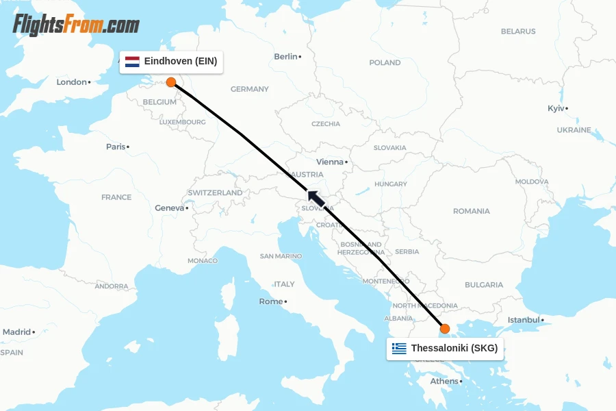 Flights from Thessaloniki to Eindhoven route map