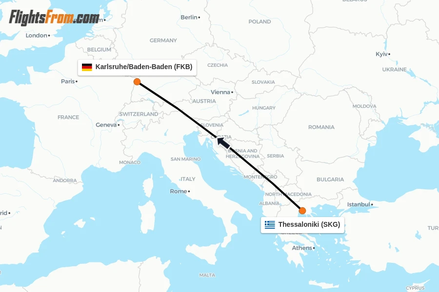 Flights from Thessaloniki to Karlsruhe/Baden-Baden route map