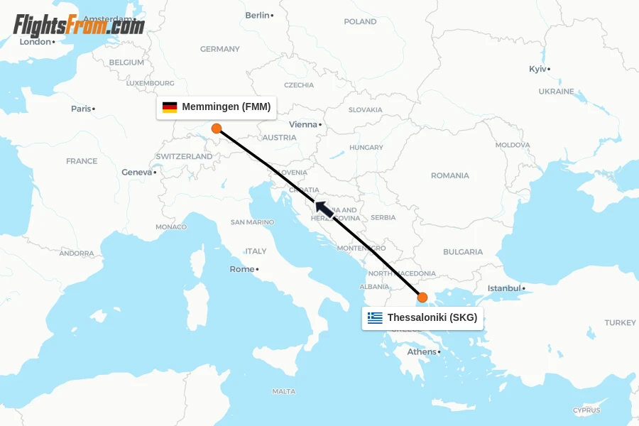 Flights from Thessaloniki to Memmingen route map