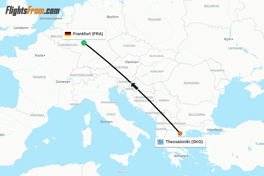 Flights from Thessaloniki to Frankfurt route map