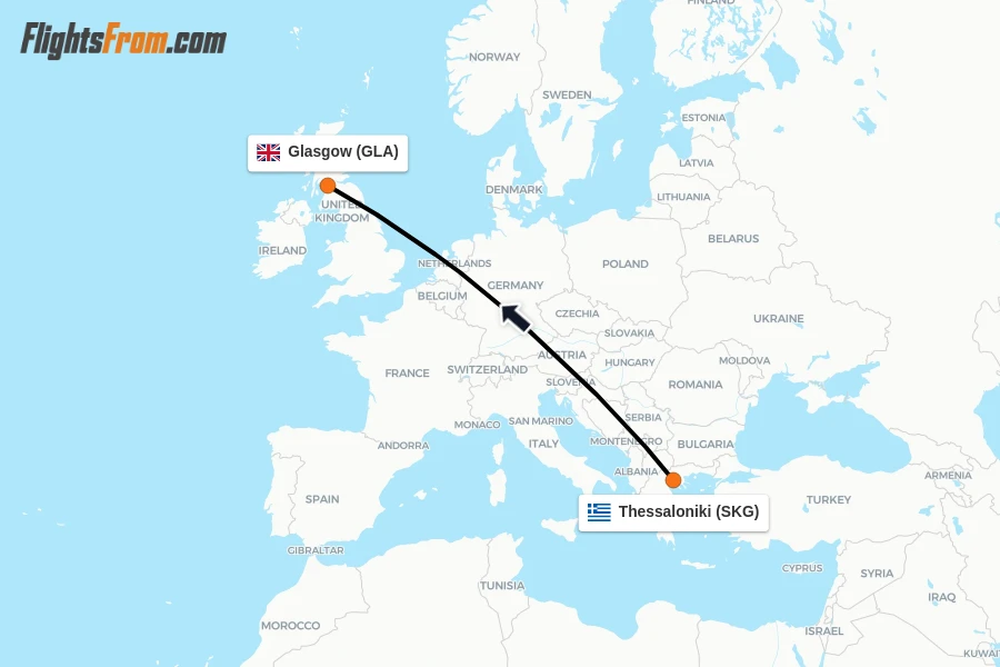 Flights from Thessaloniki to Glasgow route map