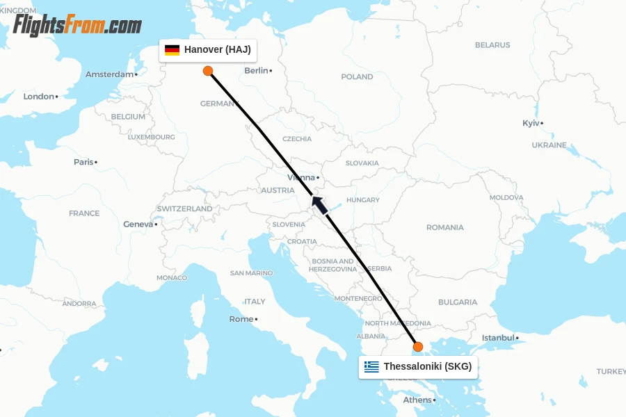 Flights from Thessaloniki to Hanover route map