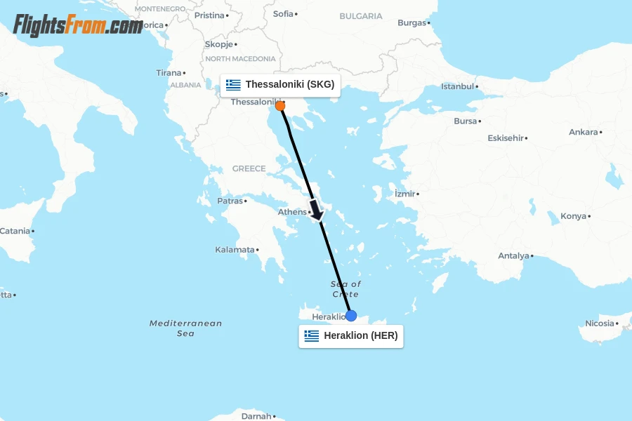 Flights from Thessaloniki to Heraklion route map