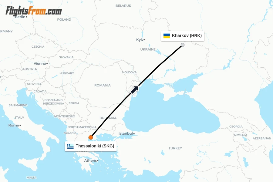 Flights from Thessaloniki to Kharkov route map