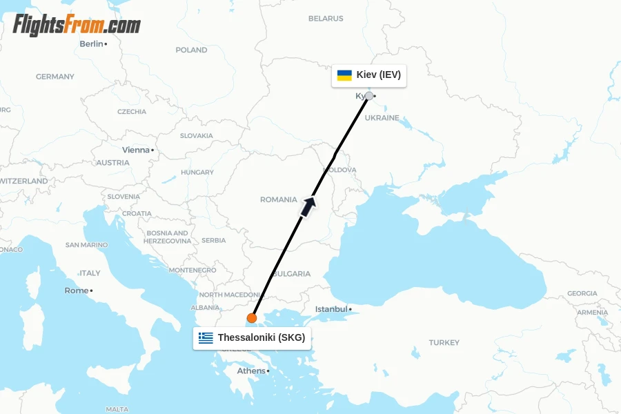 Flights from Thessaloniki to Kiev route map