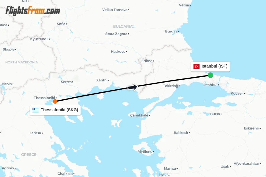 Flights from Thessaloniki to Istanbul route map