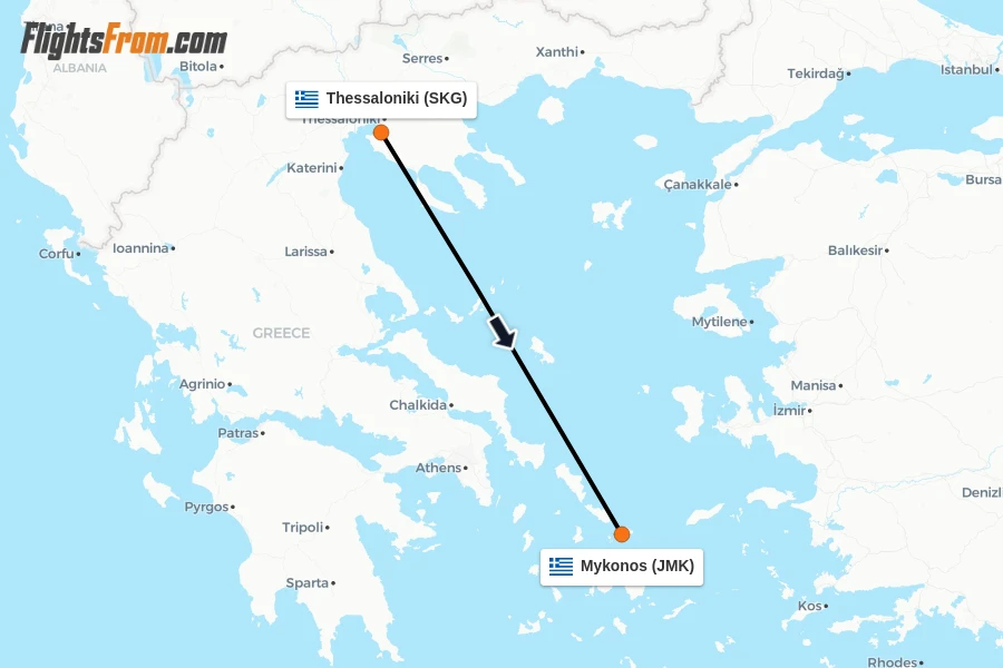 Flights from Thessaloniki to Mykonos route map