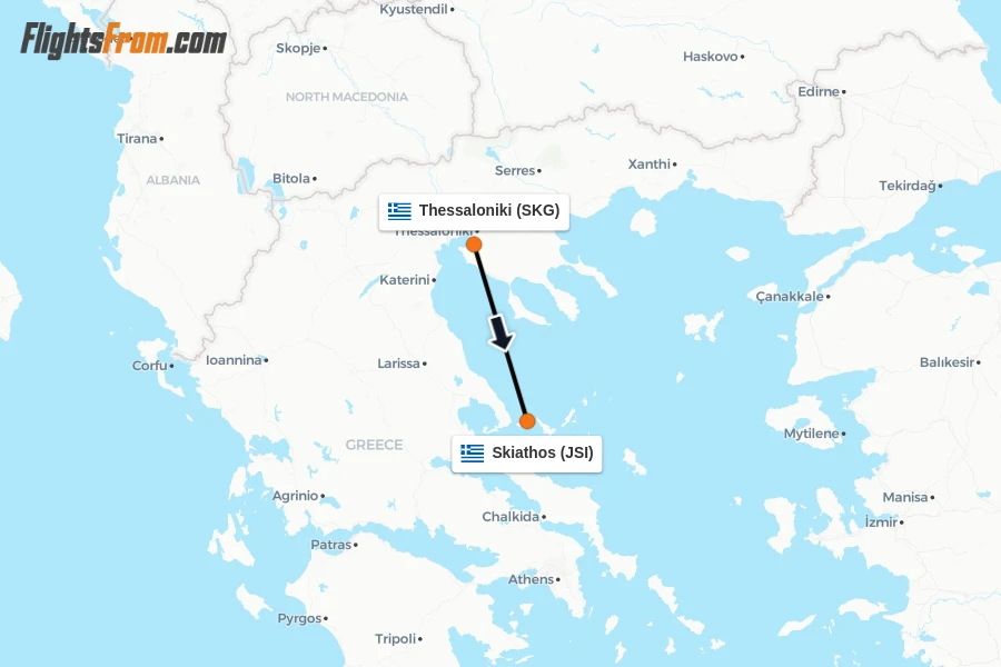 Flights from Thessaloniki to Skiathos route map