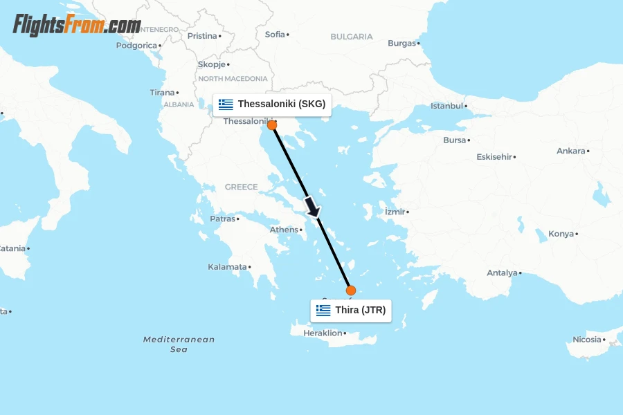 Flights from Thessaloniki to Thira route map