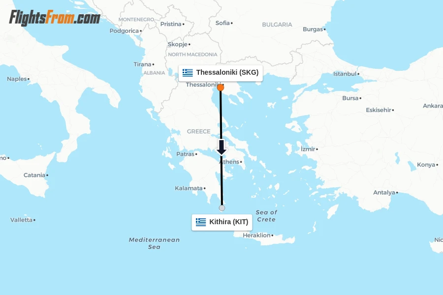 Flights from Thessaloniki to Kithira route map