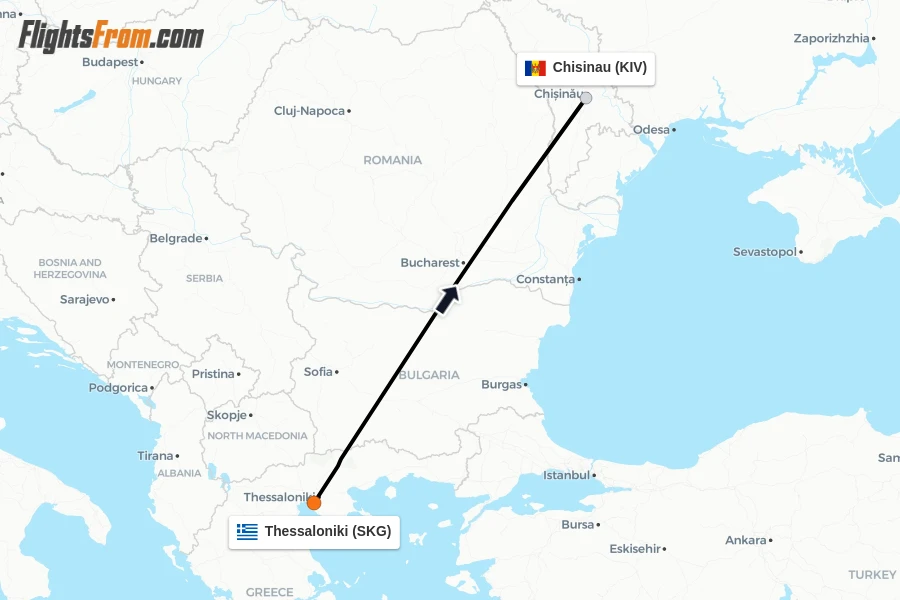 Flights from Thessaloniki to Chisinau route map