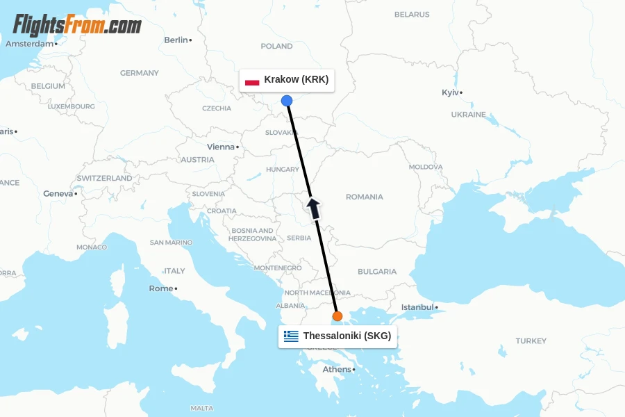 Flights from Thessaloniki to Krakow route map