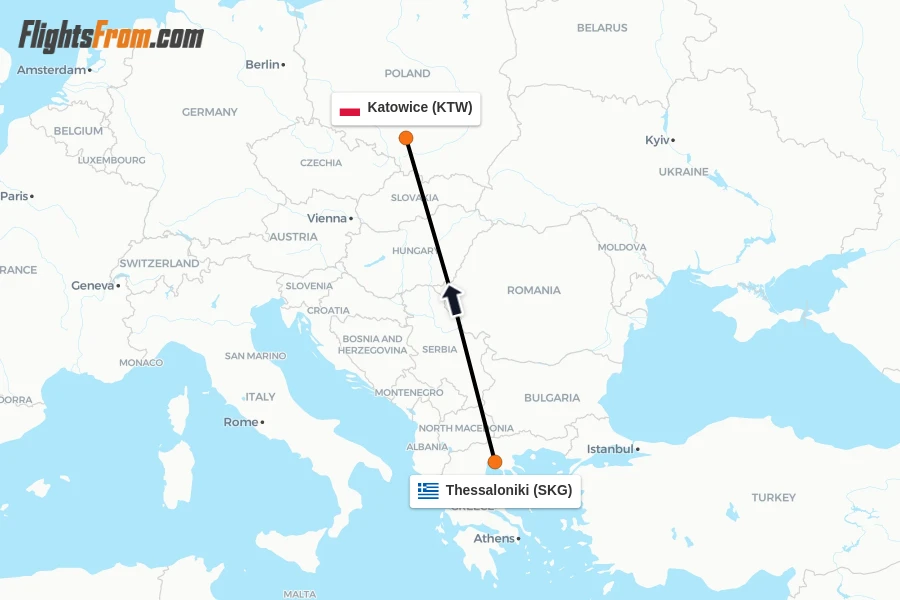 Flights from Thessaloniki to Katowice route map