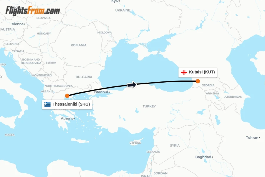 Flights from Thessaloniki to Kutaisi route map