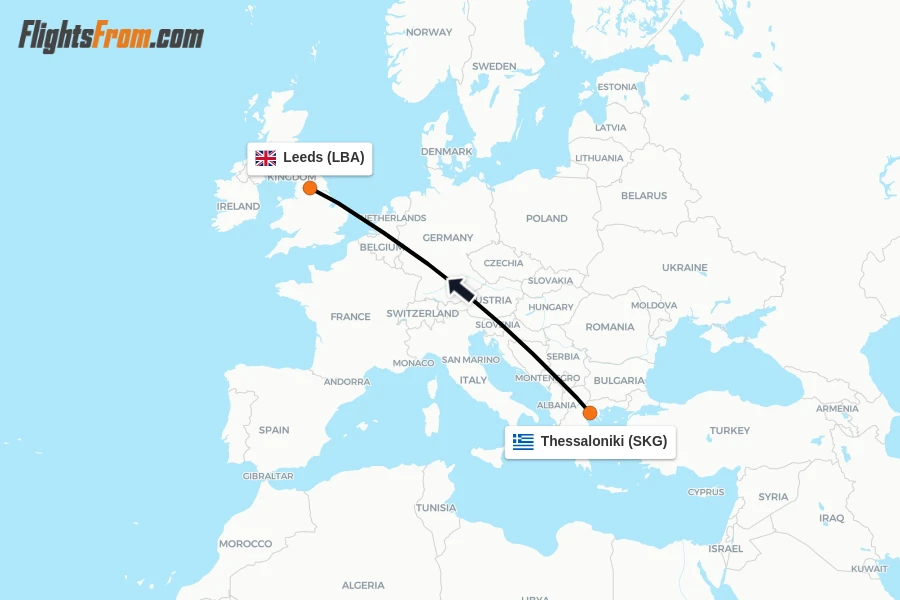 Flights from Thessaloniki to Leeds route map