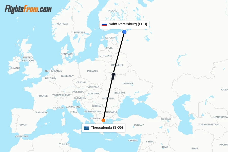 Flights from Thessaloniki to Saint Petersburg route map
