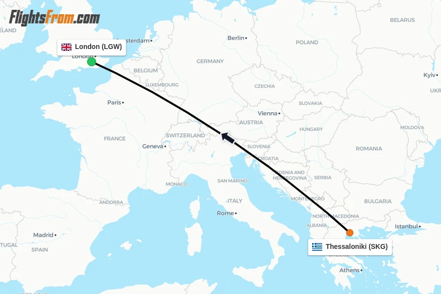 Flights from Thessaloniki to London route map