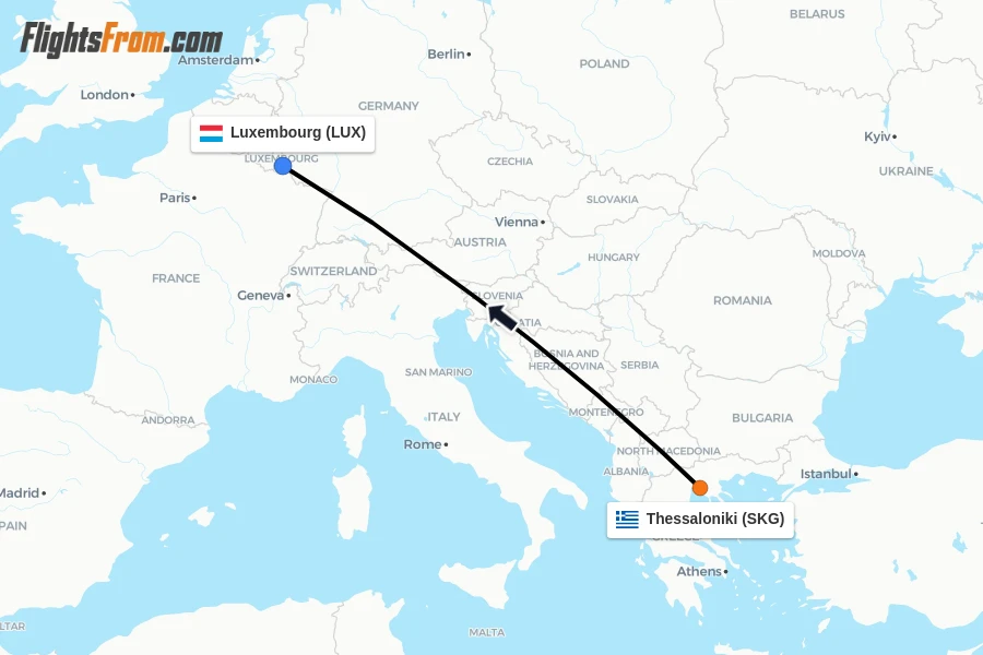 Flights from Thessaloniki to Luxembourg route map