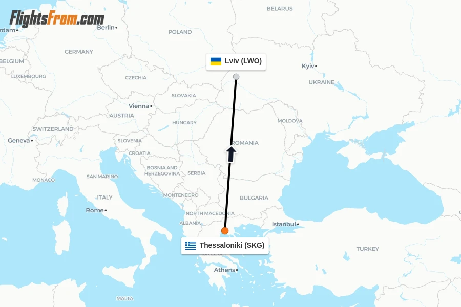 Flights from Thessaloniki to Lviv route map