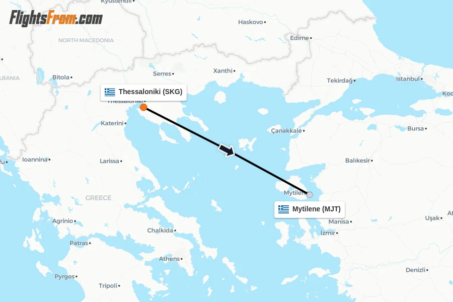 Flights from Thessaloniki to Mytilene route map