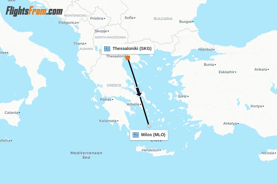 Flights from Thessaloniki to Milos route map