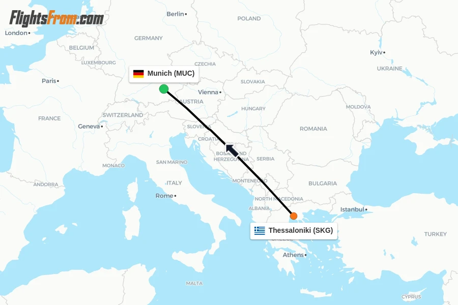 Flights from Thessaloniki to Munich route map