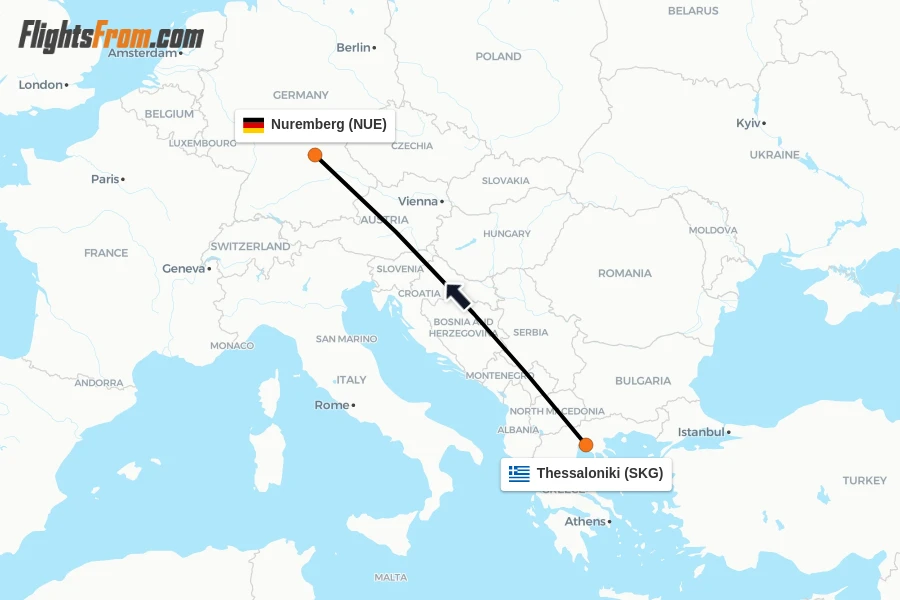 Flights from Thessaloniki to Nuremberg route map