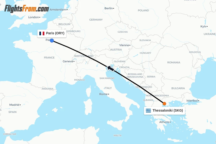 Flights from Thessaloniki to Paris route map