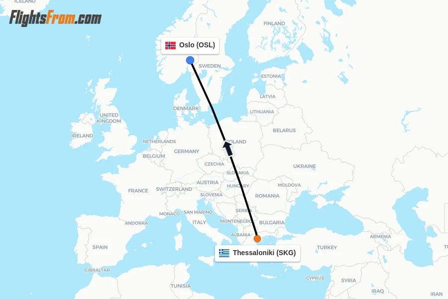 Flights from Thessaloniki to Oslo route map