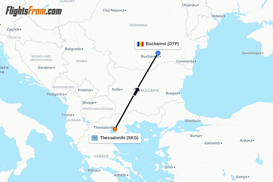 Flights from Thessaloniki to Bucharest route map