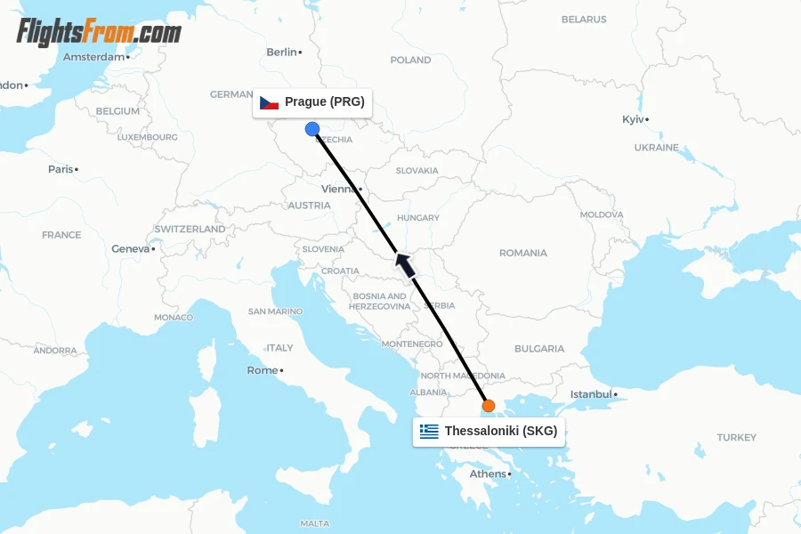 Flights from Thessaloniki to Prague route map