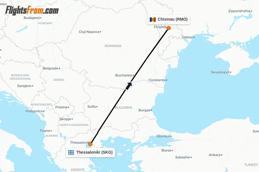 Flights from Thessaloniki to Chisinau route map