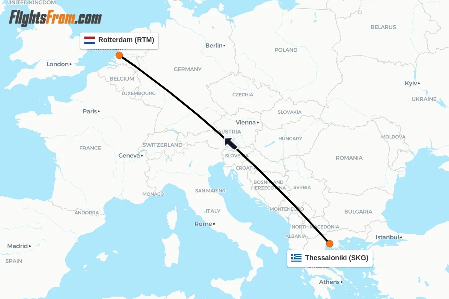Flights from Thessaloniki to Rotterdam route map