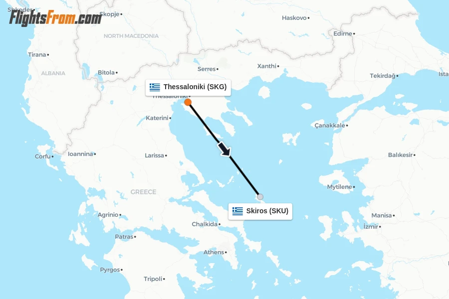 Flights from Thessaloniki to Skiros route map