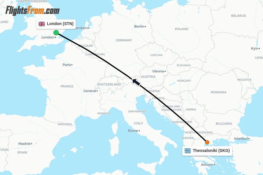 Flights from Thessaloniki to London route map