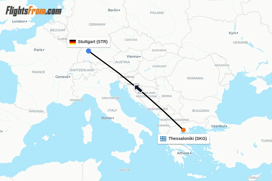 Flights from Thessaloniki to Stuttgart route map