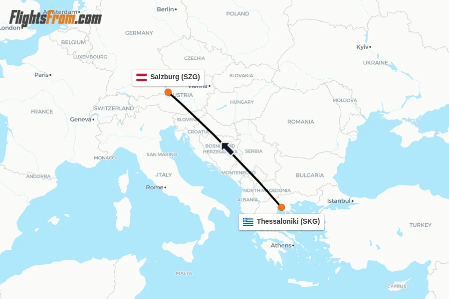 Flights from Thessaloniki to Salzburg route map