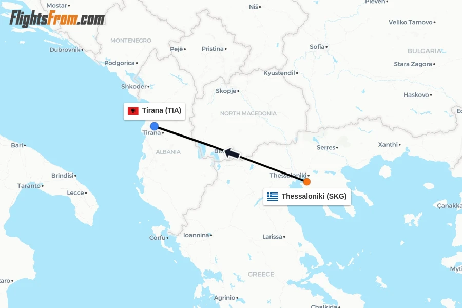 Flights from Thessaloniki to Tirana route map