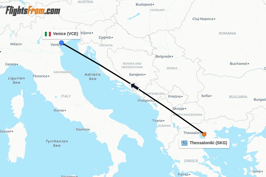 Flights from Thessaloniki to Venice route map