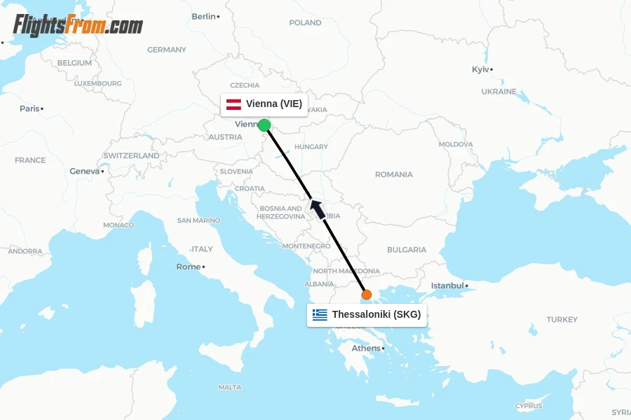 Flights from Thessaloniki to Vienna route map