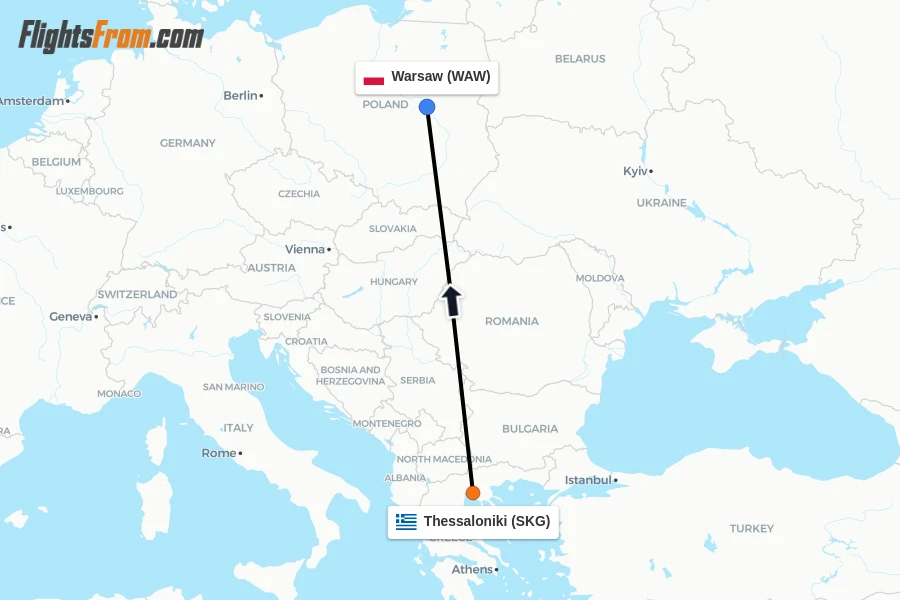 Flights from Thessaloniki to Warsaw route map