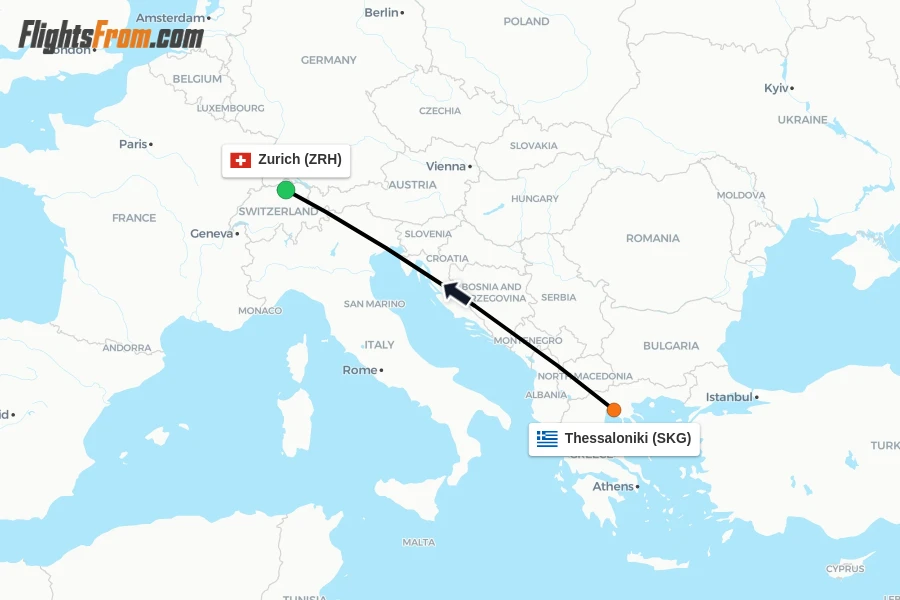 Flights from Thessaloniki to Zurich route map