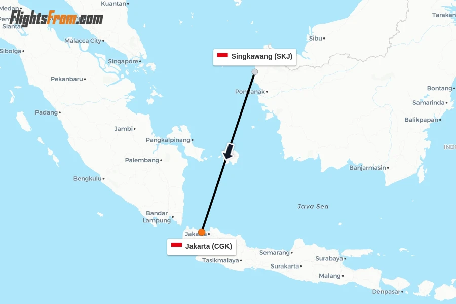 Flights from Singkawang to Jakarta route map