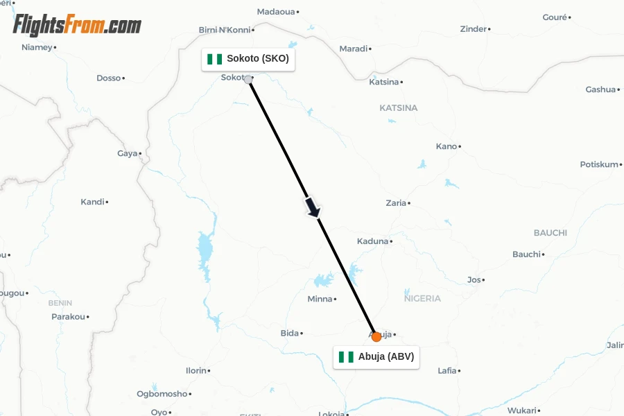 Flights from Sokoto to Abuja route map