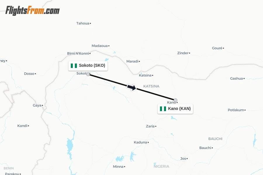 Flights from Sokoto to Kano route map