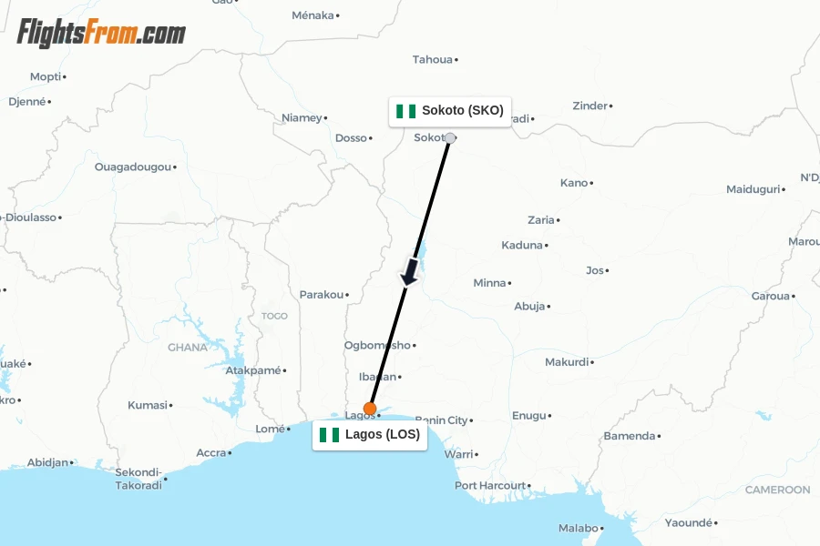 Flights from Sokoto to Lagos route map